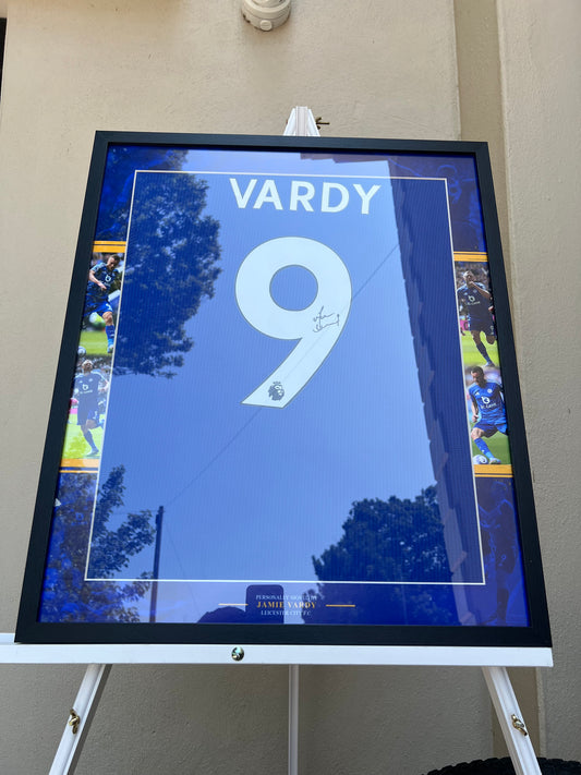 Framed Jamie Vardy hand signed Leicester city home shirt